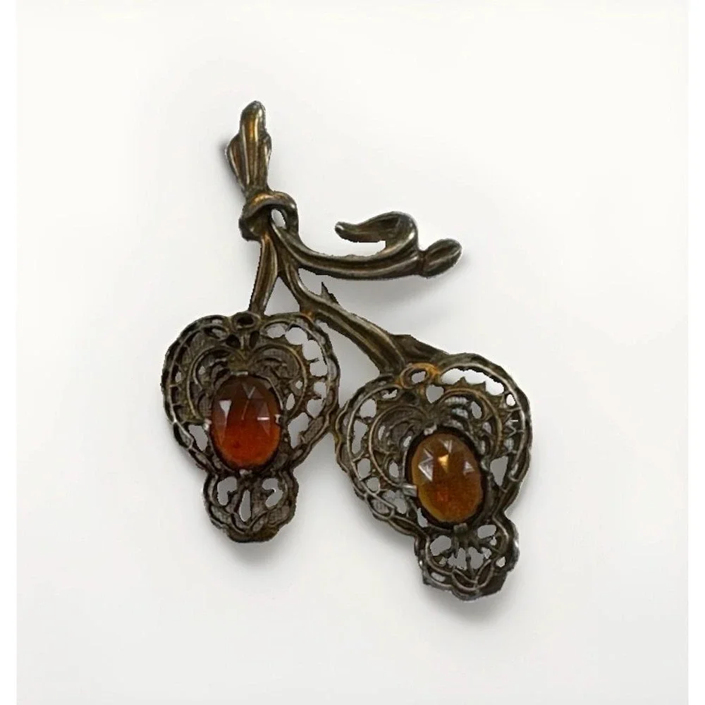Vintage Art Nouveau Brooch Amber Glass Filigree Pin